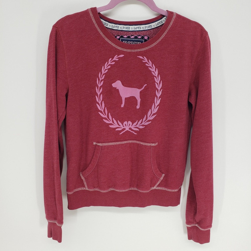 Y2K PINK Victoria's Secret Dog Logo Sweatshirt‎ Small Maroon Crewneck Pocket